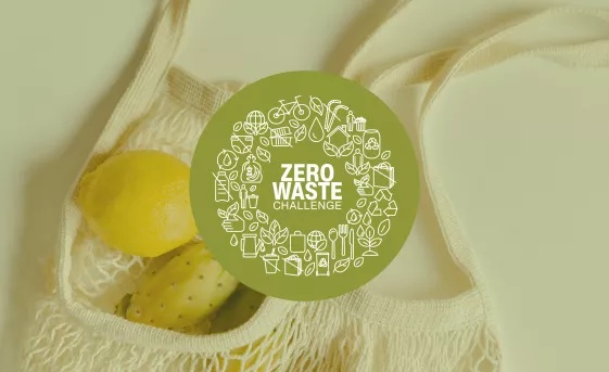 A reusable bag with fruit in it, with a logo overlayed that says "Zero Waste Challenge."