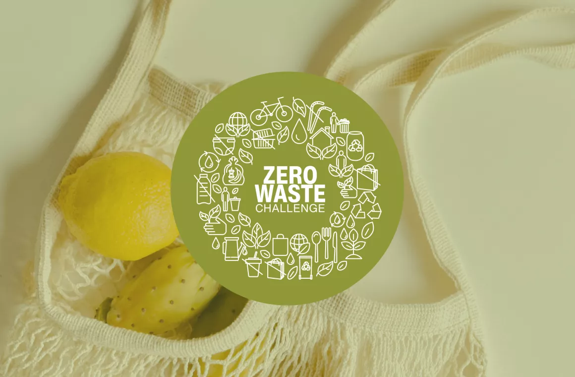 A bag of fruit overlayed by a logo that says, "Zero Waste Challenge."