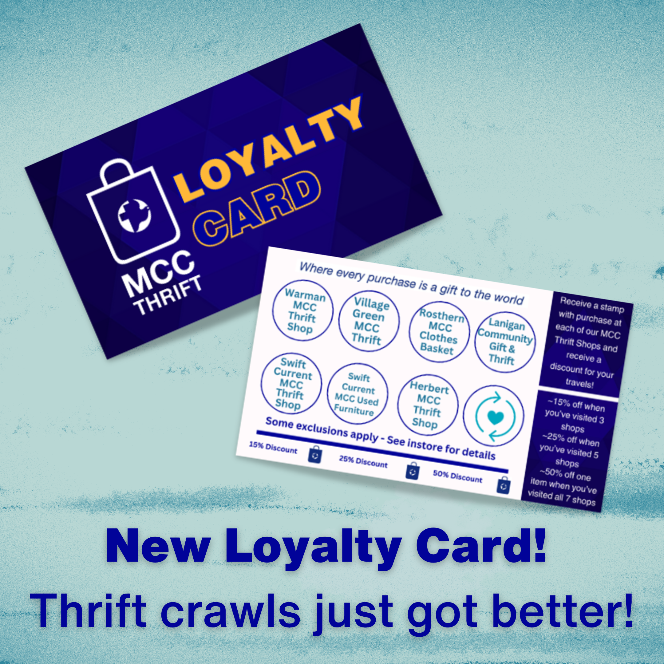 The front and back of MCC Thrift loyalty cards for Saskatchewan.