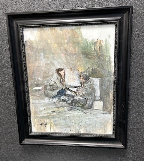 A painting depicting an individual helping another person who is unhoused.
