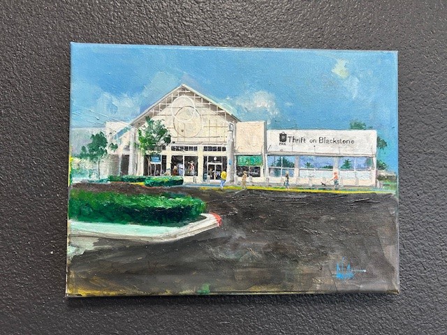 A painting of the Thrift on Blackstone storefront.