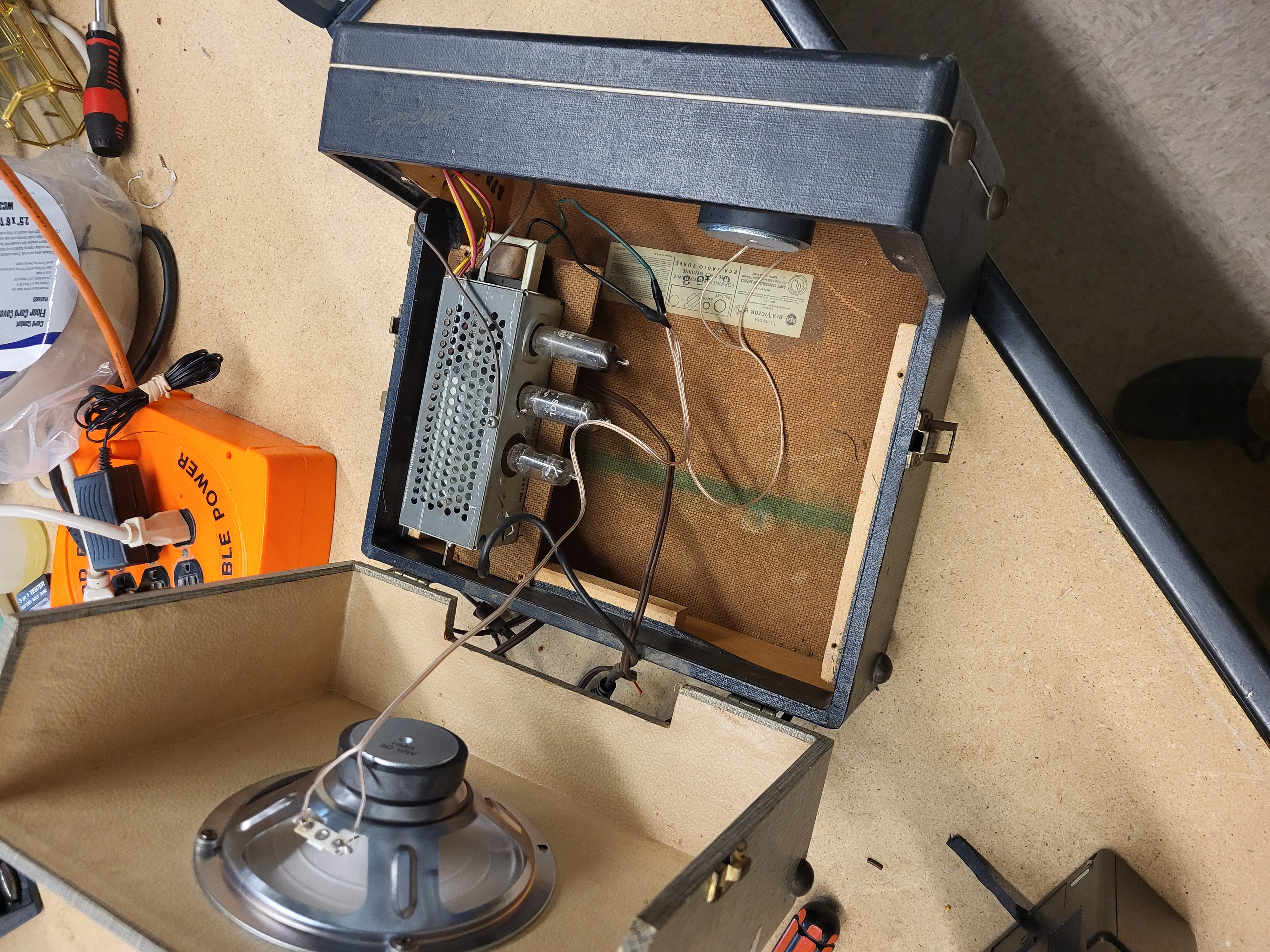 A DIY upcycled guitar amplifier.