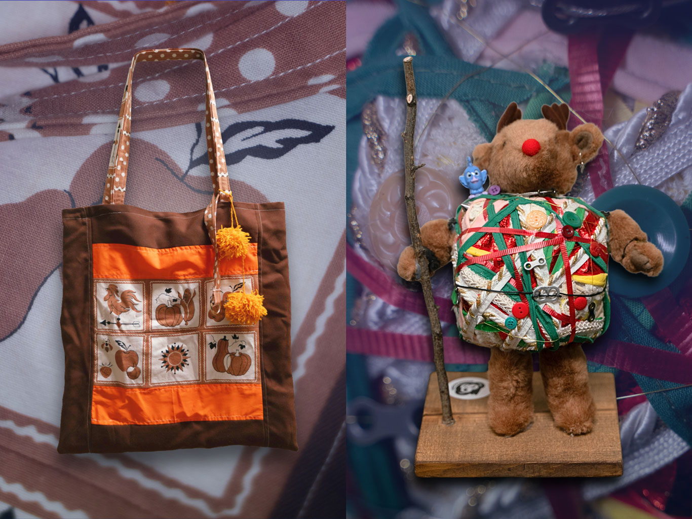Autumn-inspired tote bag by Kate Gielen (left), and Rodolfo Frankendeer (right), a playful creation by Mario Rocha, both made primarily from store-bought materials.