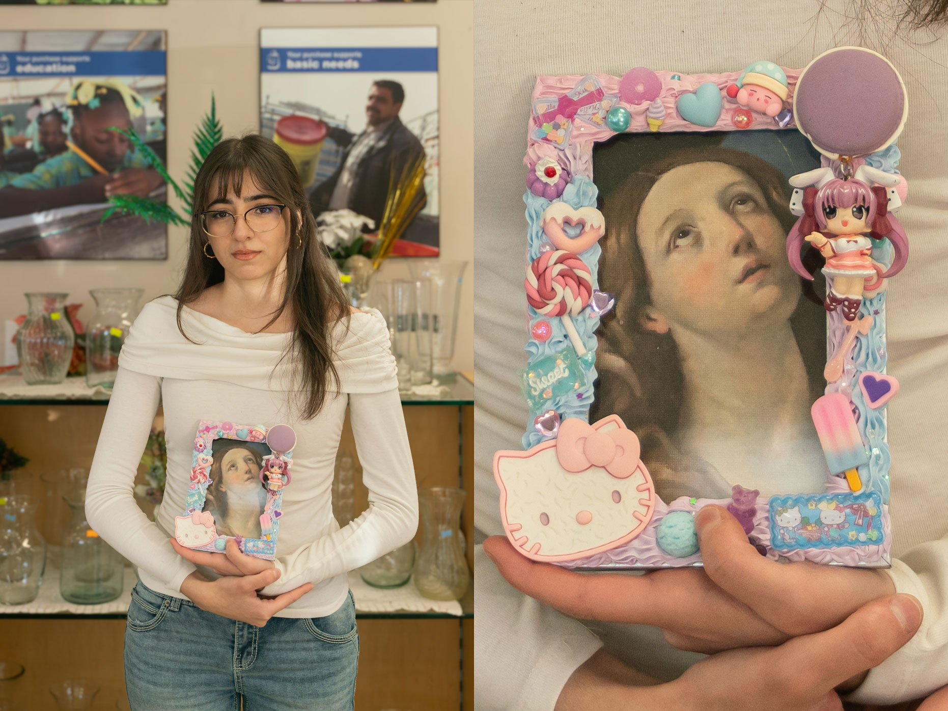 Noor Kirkukli, the winner of the contest, holding her artwork at the Calgary MCC Thrift Shop.