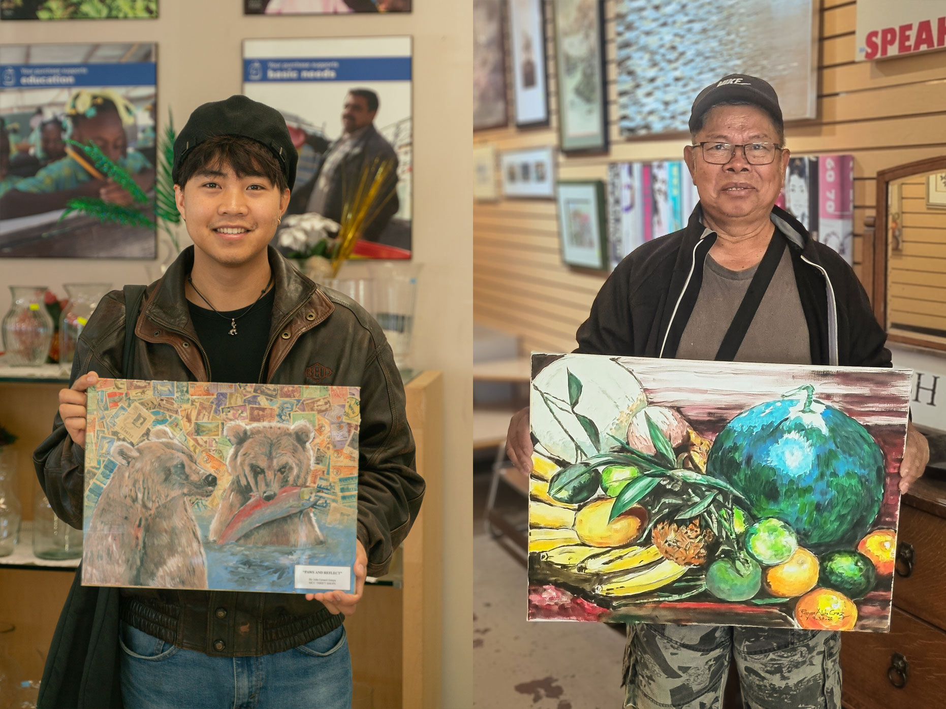 John Estepa (left) and Reynaldo (right) proudly showcase their remarkable artwork, crafted from secondhand materials