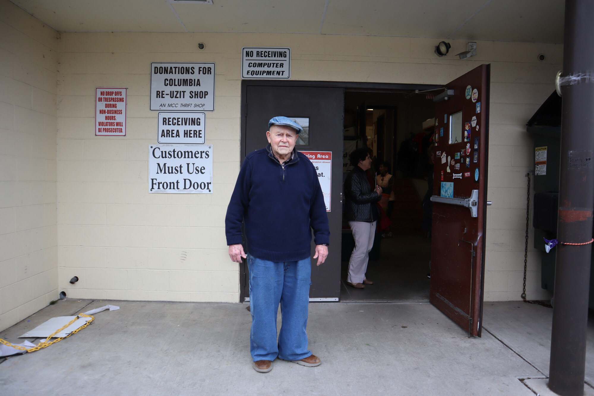 Nelson Hershey stands outside the donation area at Columbia Re-Uzit Shop in March 2026.