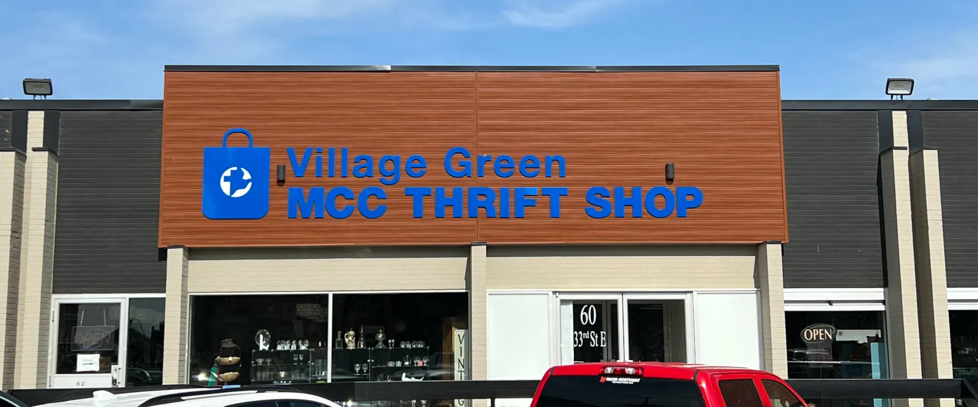 Storefront signage for thrift shop