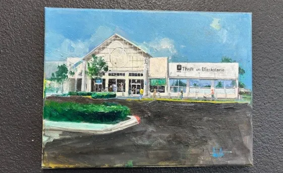 A painting of the Thrift on Blackstone storefront.