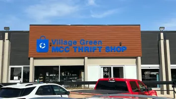 Storefront signage for thrift shop