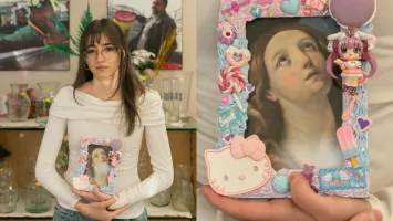 Noor Kirkukli, the winner of the contest, holding her artwork at the Calgary MCC Thrift Shop.